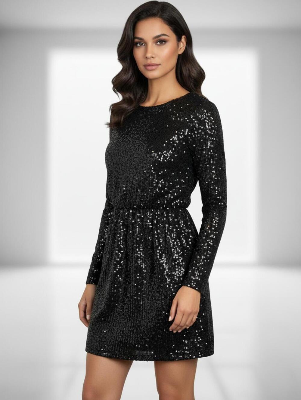 Crystal Sky Black Sequin Long Sleeve Dress XS